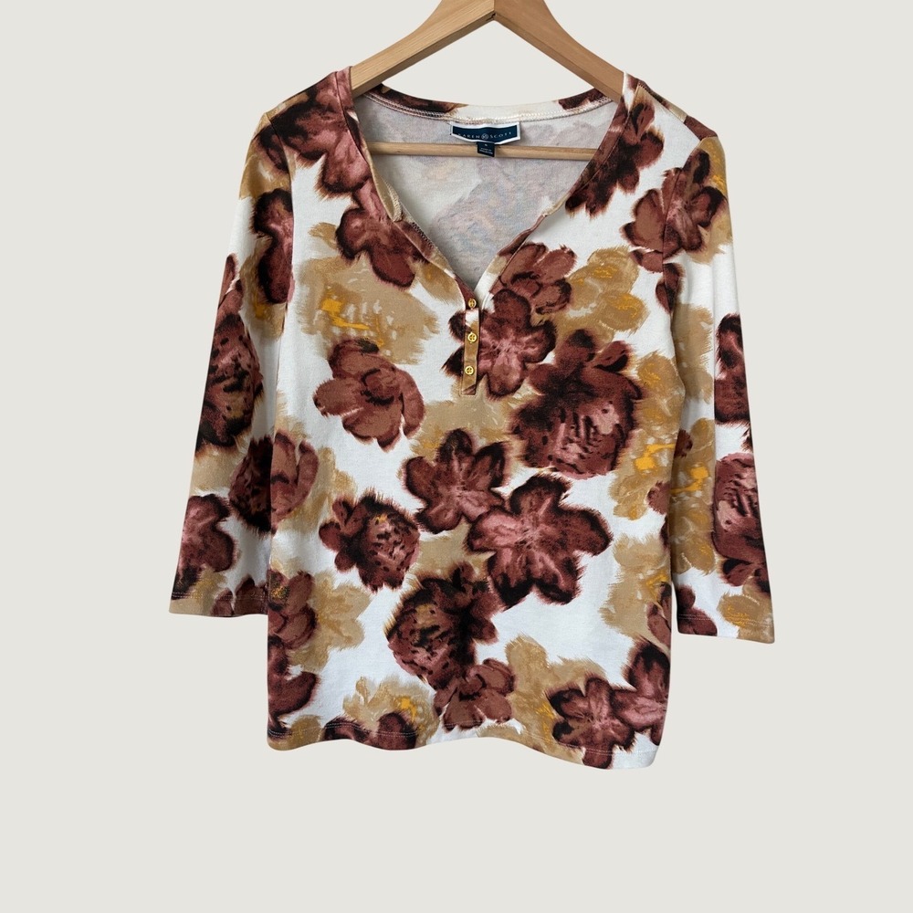 Karen Scott Womens Brown Floral Henley Top 3/4 Sleeve Size Small Autumn Print